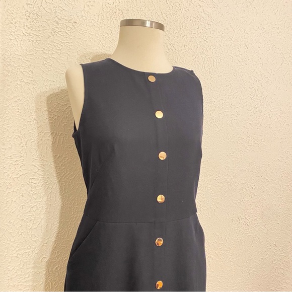 LOFT Mini Dress Navy Gold Buttons Pockets - Picture 2 of 7